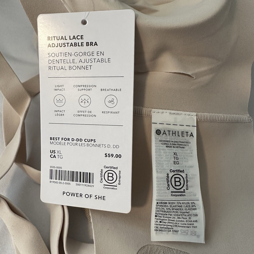 Athleta Ritual Lace Adjustable Bra XL 40 Cup Sz D-DD Sand Beige Nude Pull On NWT - Picture 9 of 9